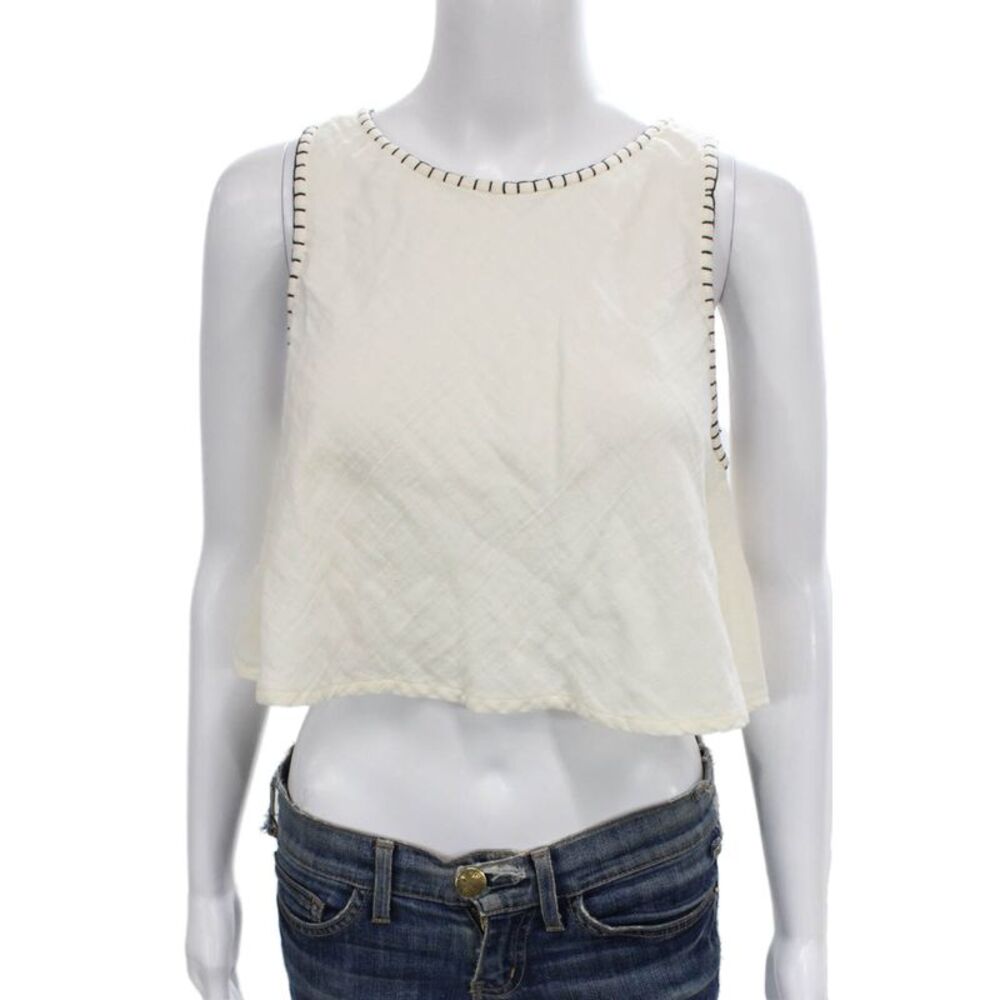 Elan Womens Cropped Tank Ivory Cotton Round Neck Sleeveless Size S